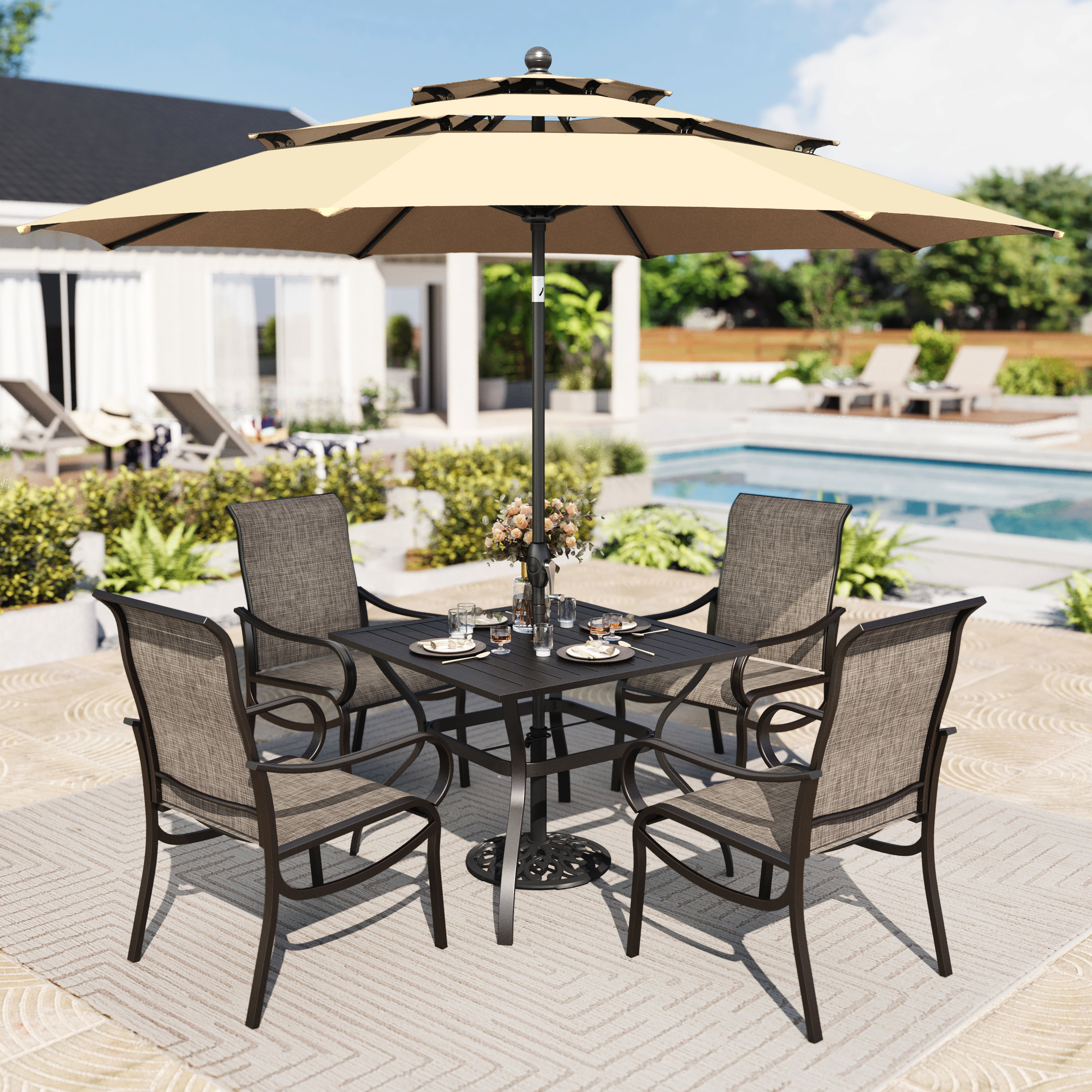 4 chair table and umbrella patio set JARDINA Outdoor Wood & Rope Dining for 6, 63" with Hole & Tapered Legs compatible with most umbrellas Caribbean 36 Bistro Set (4-Arm