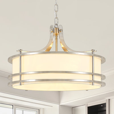 Lustre à tambour moderne de style ferme à 5 lumières en nickel brossé avec abat-jour en tissu blanc, suspension idéale pour salle à manger, îlot de cuisine ou hall d'entrée.