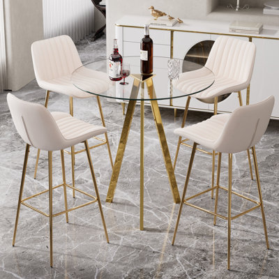 3 Piece Pub Table and Velvet Fabric Pedestal Bar Stool Dining Set (Set of 3)