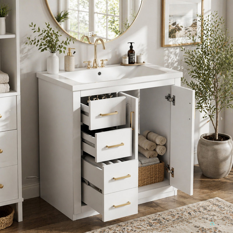 Ensemble de meuble-lavabo 30 po avec lavabo en céramique, armoire de rangement en bois massif, ensemble de meuble-lavabo autoportant avec 3 tiroirs et portes à fermeture douce