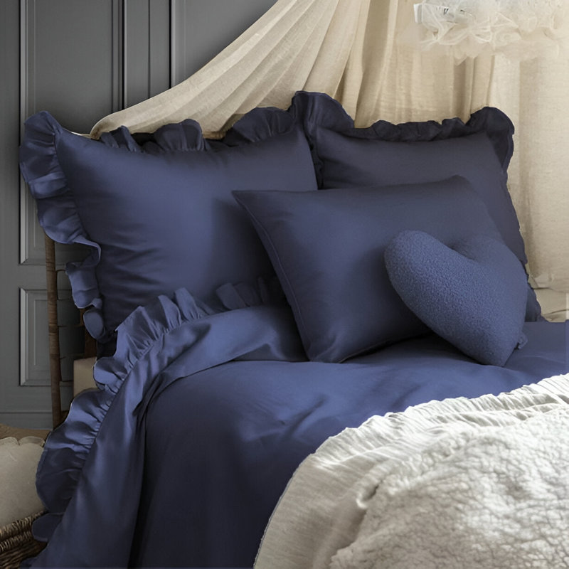 400TC Cotton Sateen Ruffle Cotton 4 Piece Sheet Set Fitted Sheet Fits Upto 16" Deep Pocket, Queen Sheet Set, Navy Blue