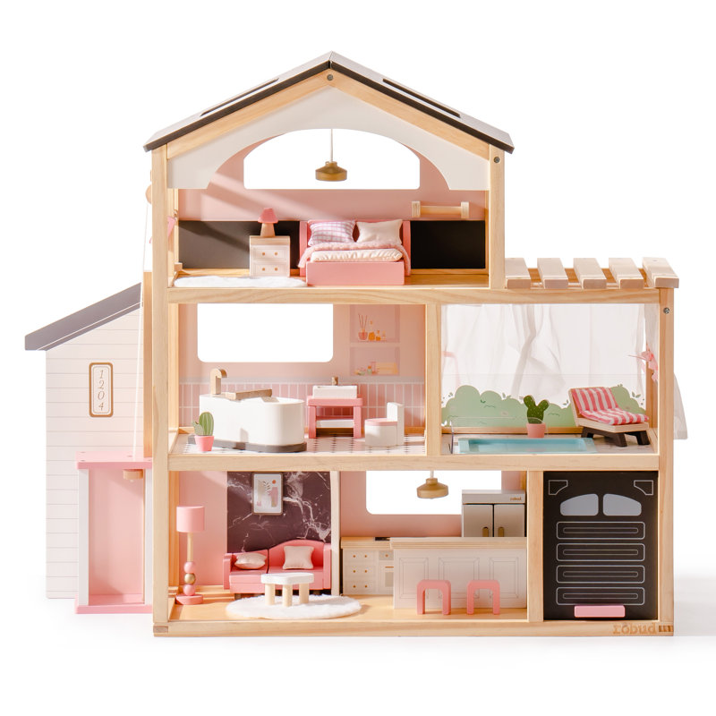 Large Wooden Dollhouse, Doll Villa With Furniture, With Elevator, Garage, Pavilion, And Swimming Pool, Gift For Children Aged 3, 4, 5, 6 And Up