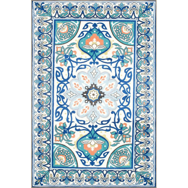 Tapis bleu lavable décoratif à motif floral traditionnel bleu, Sous-tapis carré 3 pi 3 po inclus