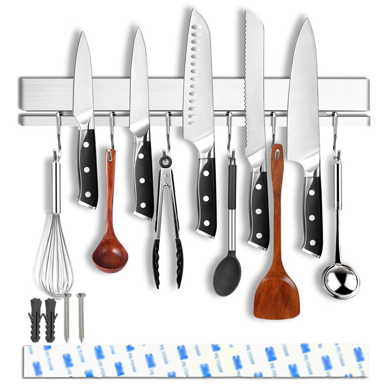 Porte-couteau magnétique 17 po pour mur sans perceuse, Silver