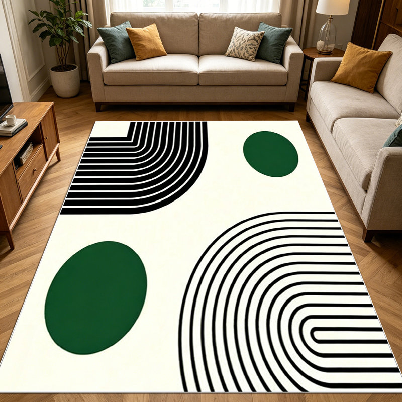 1PC Minimalist Abstract Geometric Black Arch Line & Dark Green Dot area rugs for Living Room, Soft and Comfortable, Suitable for all seasons, easy-to-maintain, machine washable Indoor floor mat, Under Table Farmhouse suitable for entryway, bedroom,