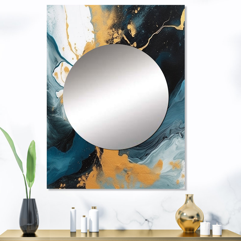 Minto bleu foncé et or coups de 11ème - grand miroir fractal, miroir mural décoratif bleu, impression d'art en métal