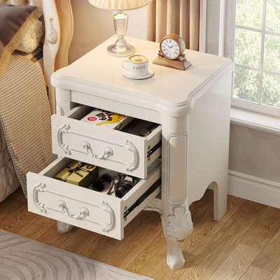 Cream White Vintage Nightstand with 2 Drawers, Ornate Carved Bedside Table, Traditional French Style End Table with Sculpted Cabriole Legs, Decorative Silver Trim Side Cabinet for Bedroom