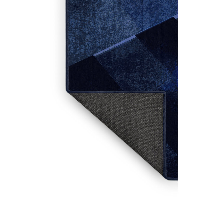 Soft Plush Dahill Retro Checkered Area Rug in Blue – Navy Binding, 8' Round