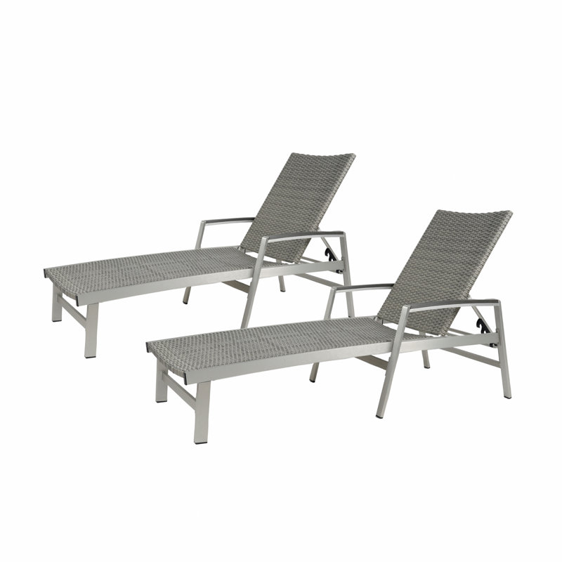 Set Of 2 Chaise Lounge Outdoor Rust-Proof Aluminum Frame Grey Comfortable Mesh Seating, 2