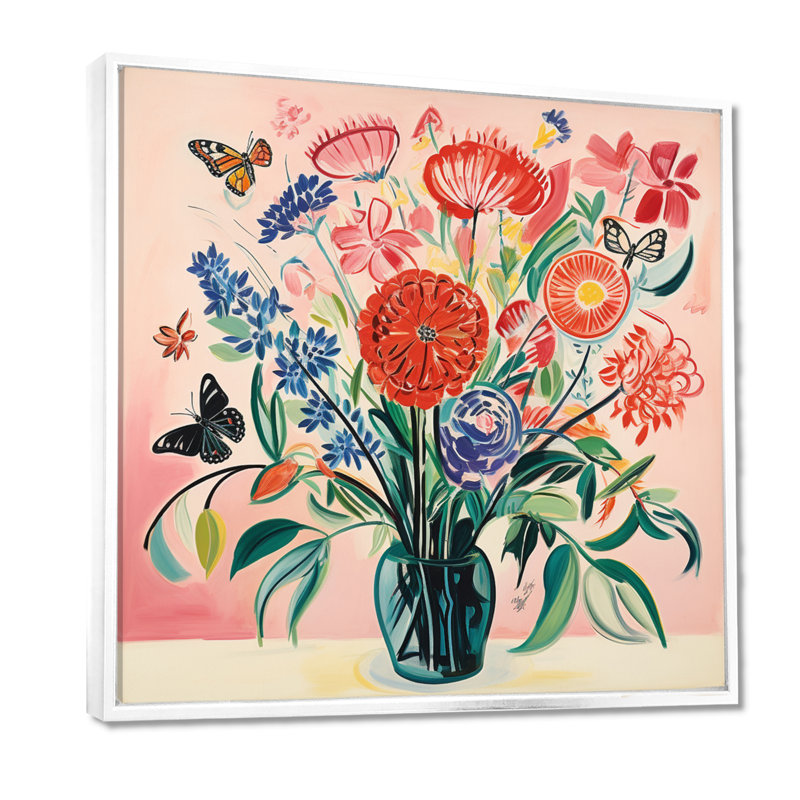 Fleurs sauvages dans un vase Illustration rétro - Bouquets assortis, art mural, salon, Toile encadrée flottée blanche