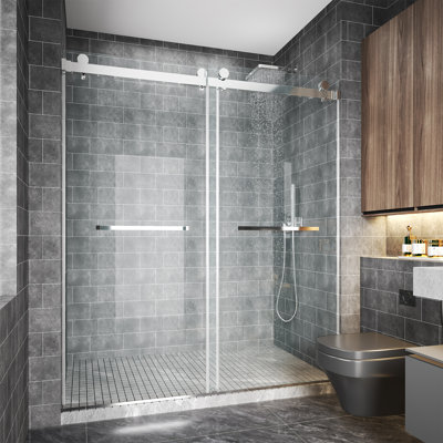 62"–66" W X 76" H Sliding Frameless Shower Door 3/8" (10mm) Thick Tempered Glass Stainless Steel Hardware Chrome