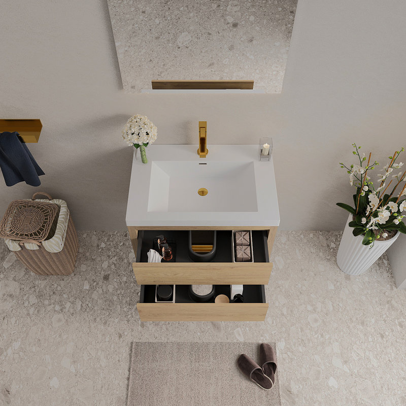 Meuble-lavabo mural 30 po avec évier, meuble-lavabo flottant avec tiroirs à fermeture en douceur, chêne naturel 24V15-30NOX2