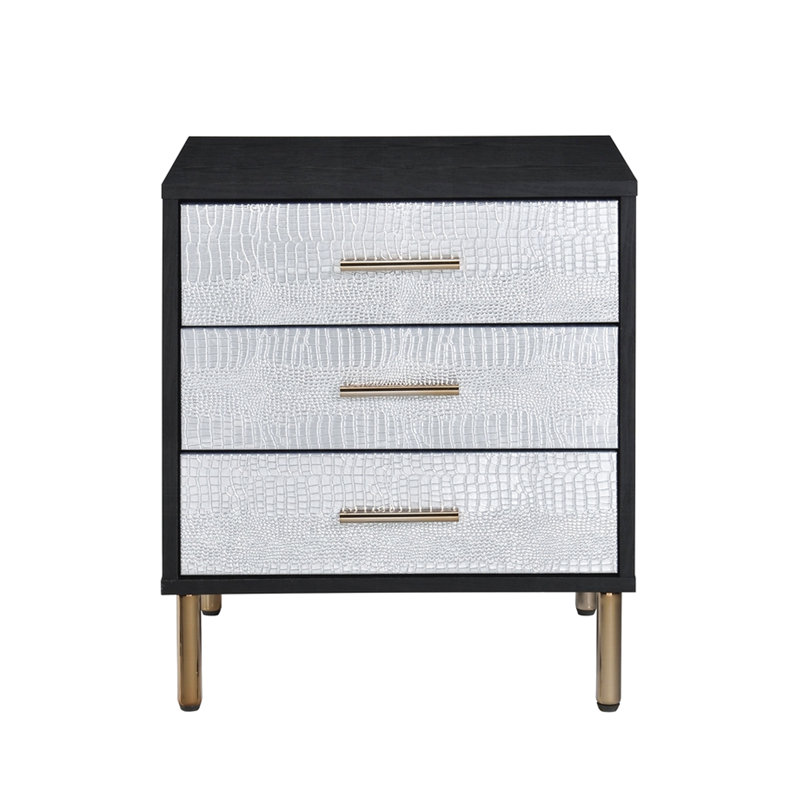 Table de chevet de chambre à coucher avec 3 tiroirs, pieds en métal et 3