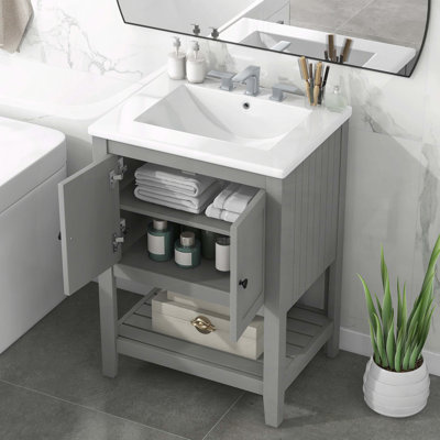 24" Solid Wood Bathroom Vanity with Sink, Cabinet and Open Shelf, Morandi Design
