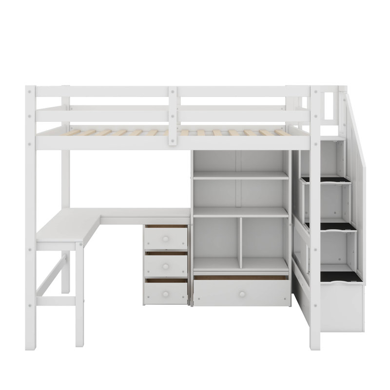 Lit mezzanine double avec bureau et tiroirs, Blanc