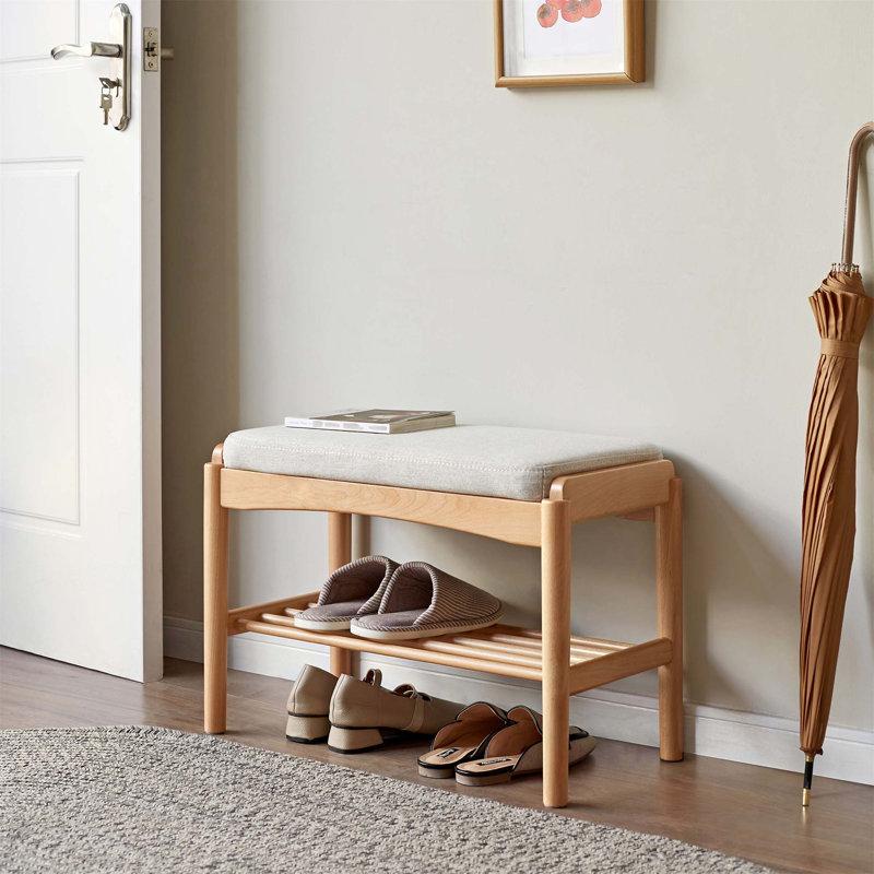 Solid Wood Shoe Bench, Mid-Century Modern Storage With High Rebound Sponge Cushion For Entryway And Living Spaces