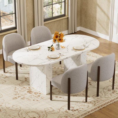 Farmhouse Dining Set, 62.9in Oval Table & 4/6 Upholstered Chairs for Dining, Kitchen