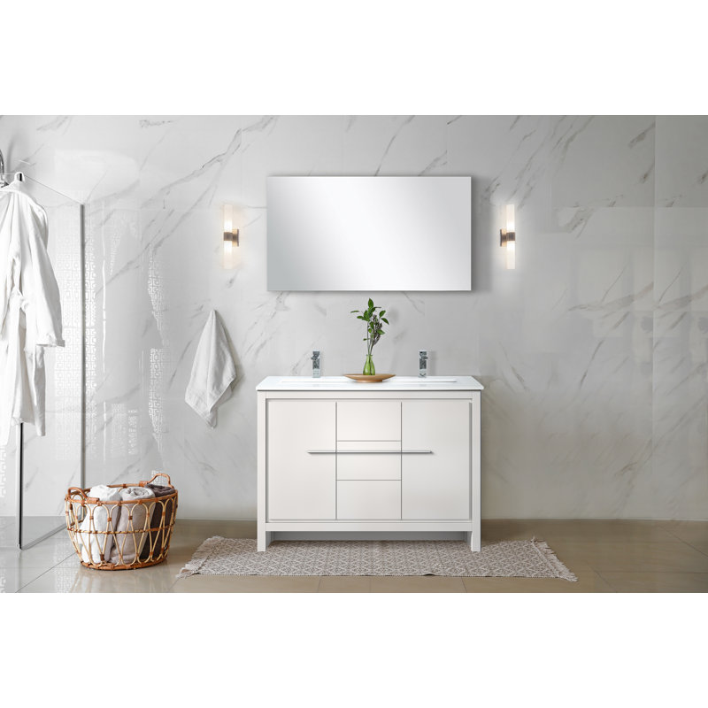 Lafarre 48 in W x 20 in D Double Bathroom Vanity Set with Mirror, White, White Quartz