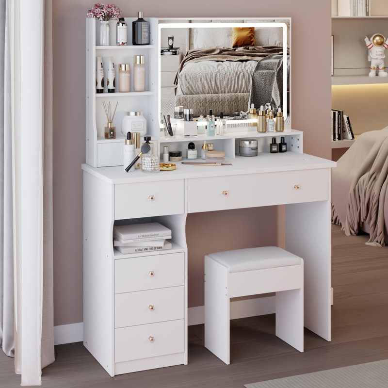41" Vanity Table With LED Mirror And Storage For Large Space, White