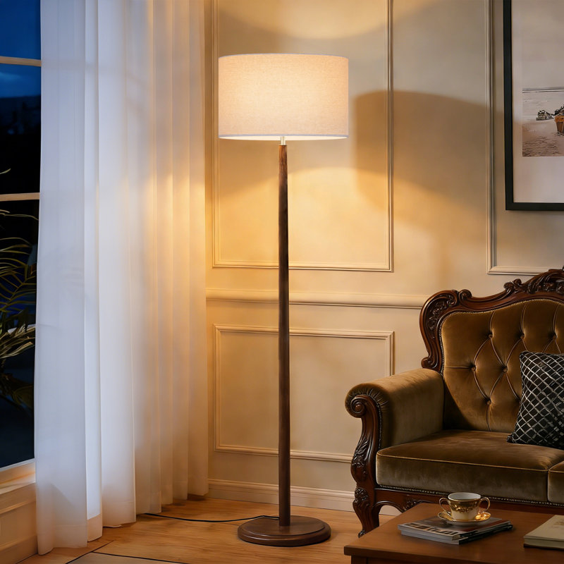 61 po Lampe sur pied en bois massif Nordic avec abat-jour tambour en lin 15,8 po, finition noyer, interrupteur au pied, douille E26 (ampoule non incluse), certifiée UL, pour le salon, la chambre à coucher et la salle d'étude