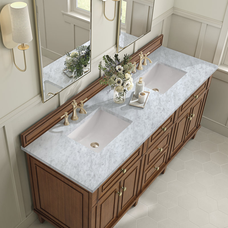 Lorelai 72'' W Double Vanity, Mid-Century Walnut, Carrara White, 8" Widespread