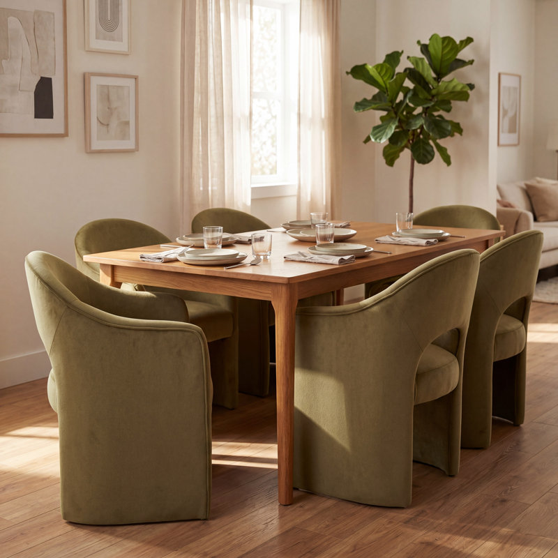 Modern Curved Back Upholstered Dining Chairs With Armrests & Open Back, Green Velvet Accent Chair For Dining Room/Living Room