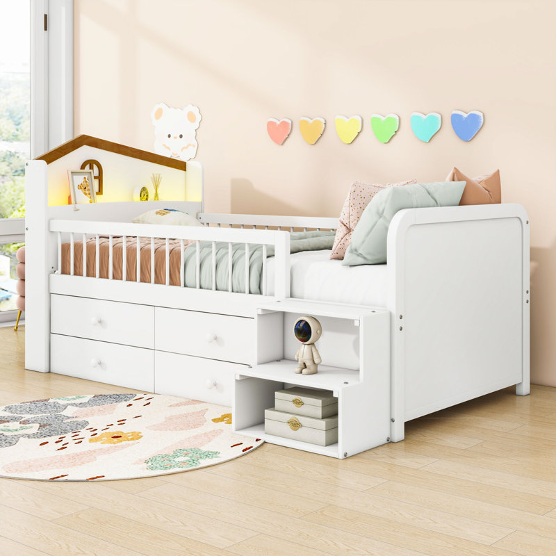 Twin Wooden Loft Bed With LED Lighted, Drawers And House-Shaped Headboard, White