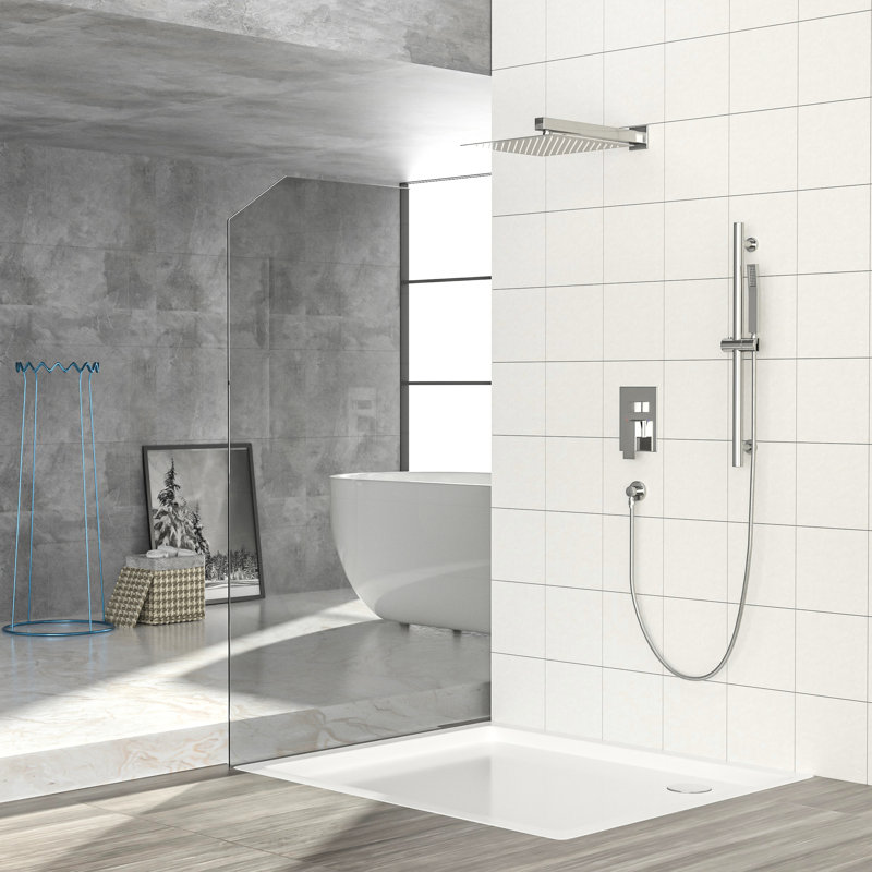 12 Inch Square Shower System In Brushed Nickel - Adjustable Slide Bar, Rainfall Head With -Balanced Valve & Handheld Aspect