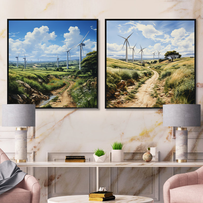 "Dessin d'une éolienne" - 2 pièces, Cadre flottant noir, H 16 po x l 33 po