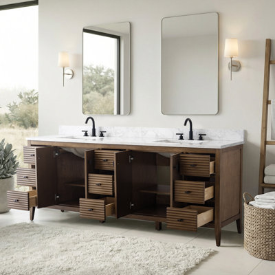 84" Double Sink Freestanding Bath Vanity with Engineered Marble Top