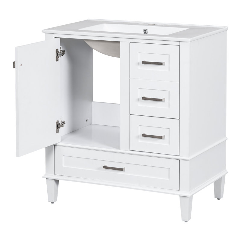 Meuble-lavabo de 30 po de style moderne - blanc avec structure en bois massif. Évier équipé, 3 tiroirs et porte pour un élégant meuble à cadre de meuble-lavabo. Fonctionnel
