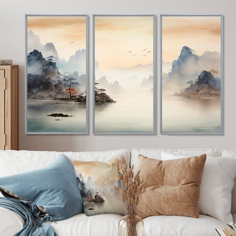 «Grey Tranquil Chinese Landscape Serenity II - China», art mural, H 40 po x l 60 po, Cadre argenté flottant