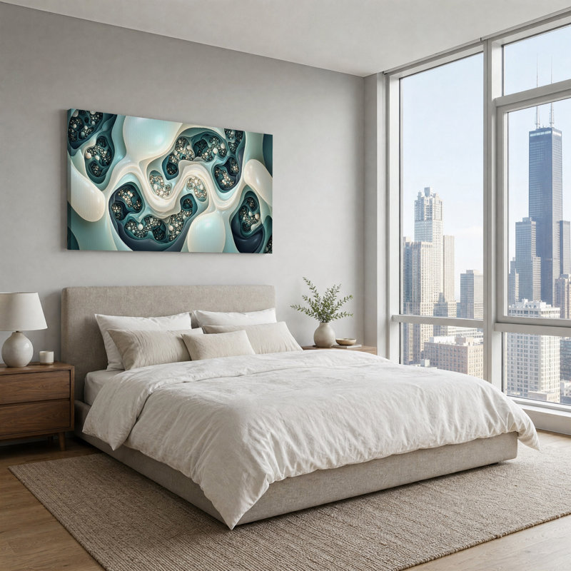 Art mural sur toile tourbillonnant bleu sarcelle et crème, 58“W x 28”H