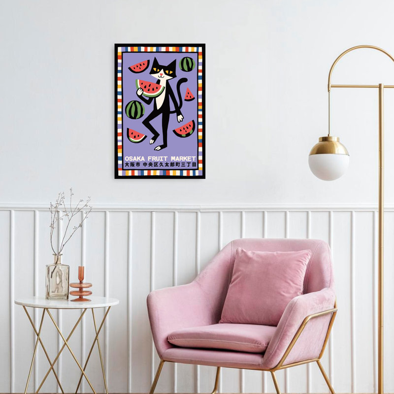 Art de l'été, chat noir, melon d'eau, H 24 po x l 16 po