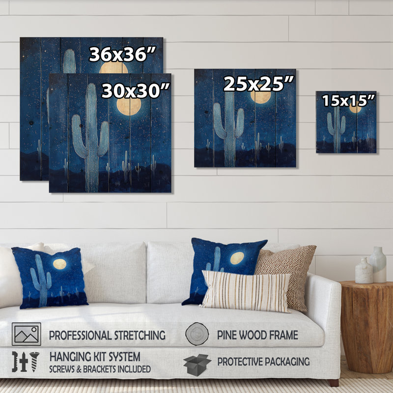 Saguaro Cactus Under The Stars II - Floral Cactus Wood Print - On Natural Pine Wood, 15" H x 15" W x 0.78" D