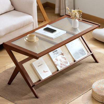 Tables basses en rotin pour le salon, table basse moderne Mid-Century avec plateau en verre, grande table centrale avec rangement Boho, brun