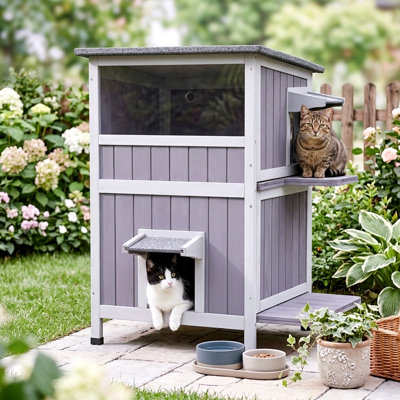 Portable Cat House Outdoor with Large View Door Two Removable Floor, Feral Cat Shelter
