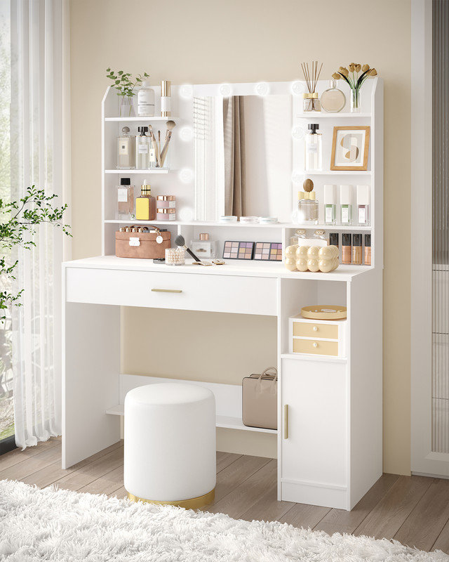 Vanity Desk with Mirror and 10 LED Lights, 3 Levels of Adjustable Brightness, Dresser Table with Hidden and Open Shelves