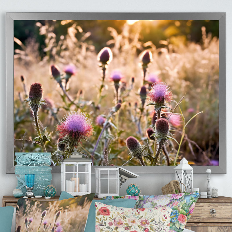 Mauve, vert, chardon, chuchotement, plante III, sur toile, Cadre photo argenté, H 34 po x l 44 po x P 1,5 po