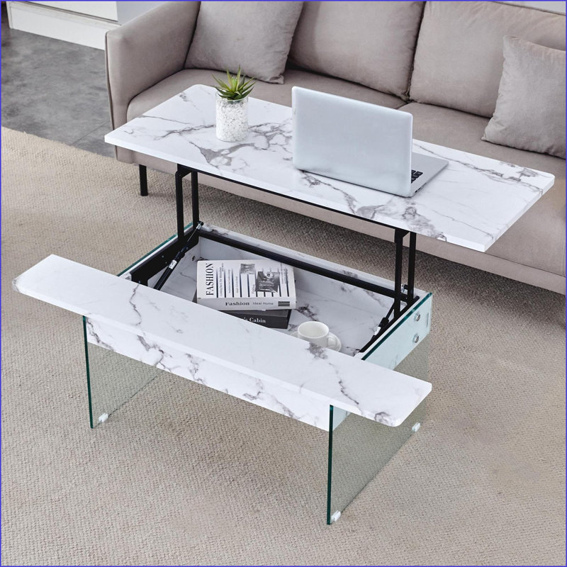 Table basse moderne à plateau relevable en marbre blanc avec pieds en verre trempé, facile à nettoyer et amp; Rangement spacieux