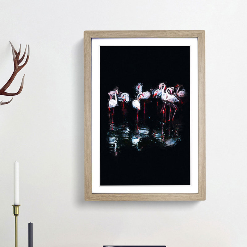 Reflection of Flamingos in Abstract - Picture Frame Graphic Art Print, 87cm H x 62cm W x 2cm D, Oak Framed