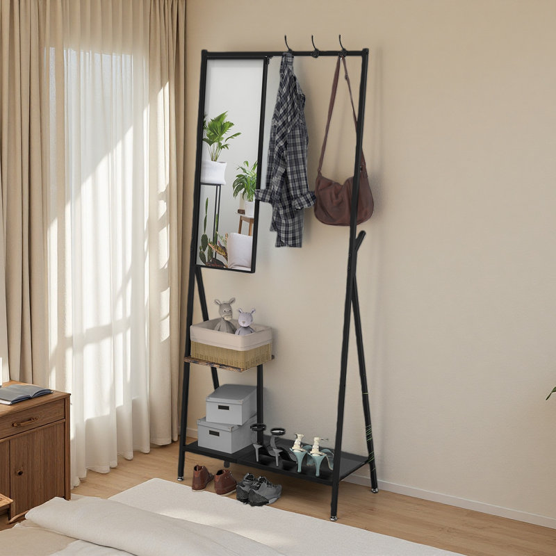 Portemanteau avec miroir, portemanteau multifonctionnel avec rangement pour chaussures, structure en aluminium, pour le salon, la chambre à coucher
