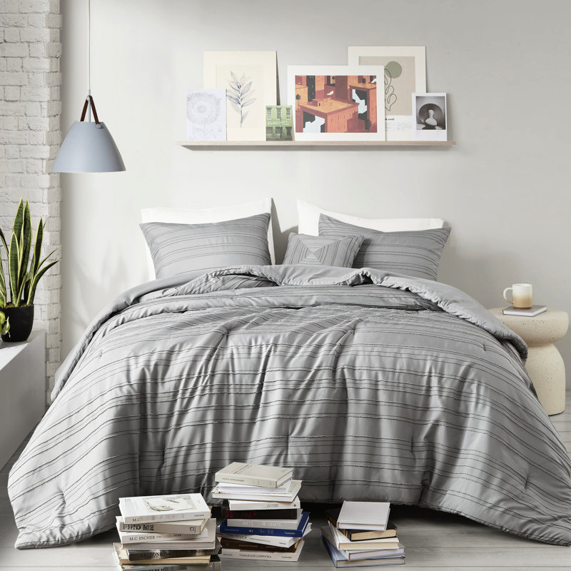 Édredon 3 pièces avec pince rayée tissée, rembourrage, motif gris lavable à la machine, étiqueté, nettoyer les taches, 3