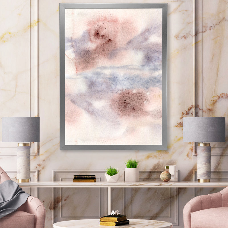 Pastel abstrait avec taches bleu-rose-gris et rouges - Peinture sur toile encadrée, H 40 po x l 30 po x 1,5 po