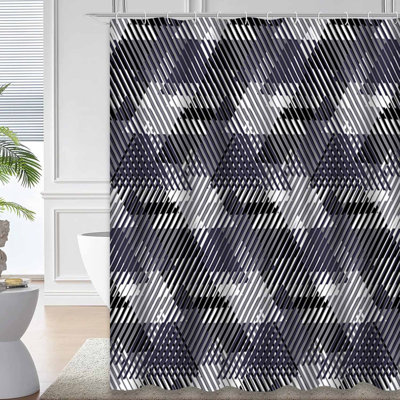 Rideau de douche géométrique à triangles blancs avec 12 crochets