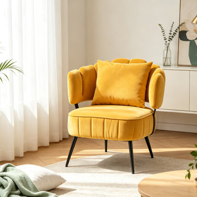 Fauteuil d'appoint style baignoire tonneau de 72,3 cm (28,46 po), fauteuil de lecture recouvert de chenille avec coussin d'assise à ressorts ensachés et pieds en métal, idéal pour le salon, la chambre et les petits espaces, jaune