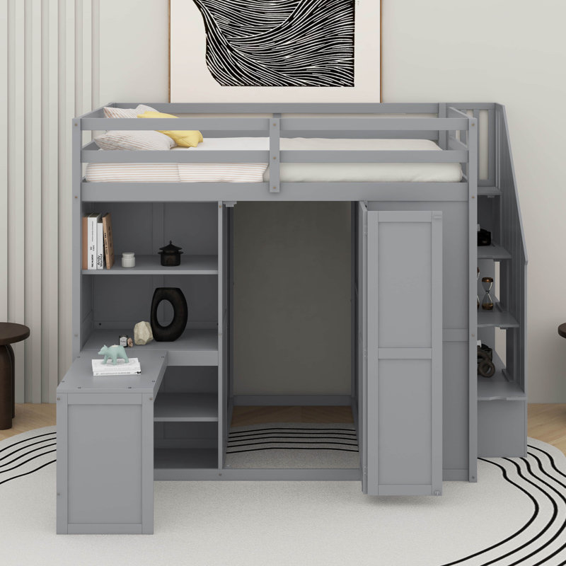 Lit mezzanine double avec garde-robe, bureau et tablettes, Gris