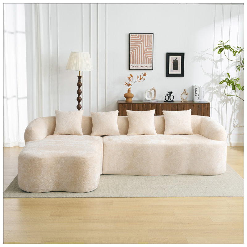 Modular Chenille Boneless Compression L-Shape Sectional Sofa with Curved Chaise, Beige