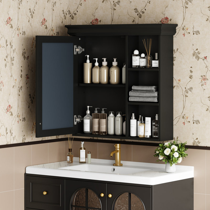 Armoire de rangement murale de 30 pouces avec porte miroir, Noir