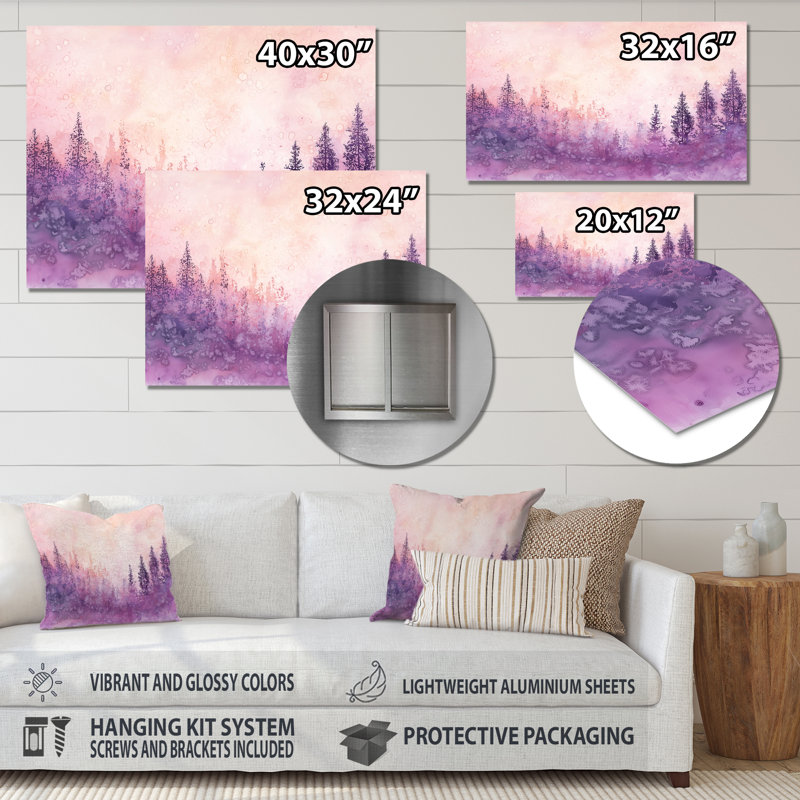 Sentier de la forêt de lavande I - décor mural en métal, impression de forêt, H 12 po x l 20 po x P 0,84 po